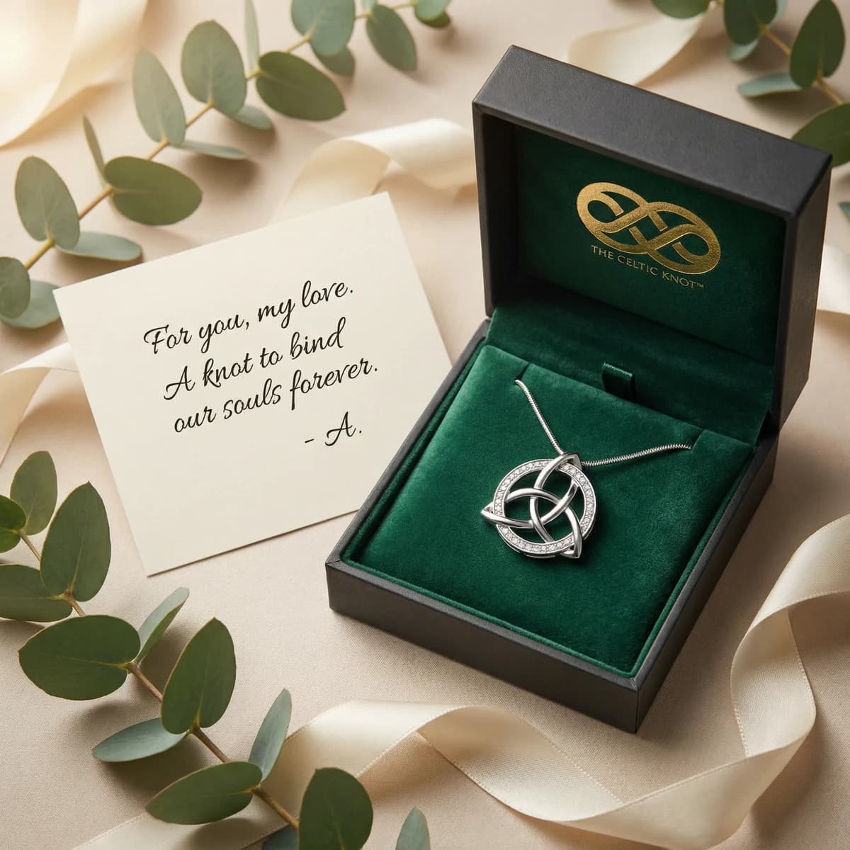Premium Celtic Knot pendant in an elegant gift box with a handwritten note