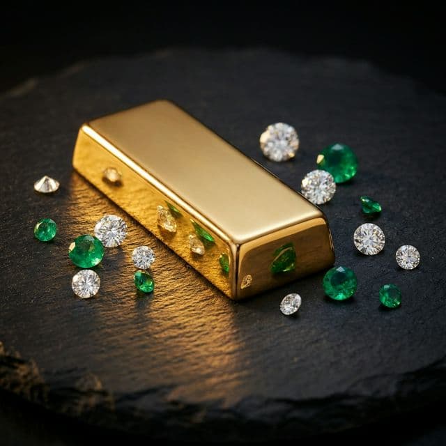 14K gold bullion with diamonds and emeralds