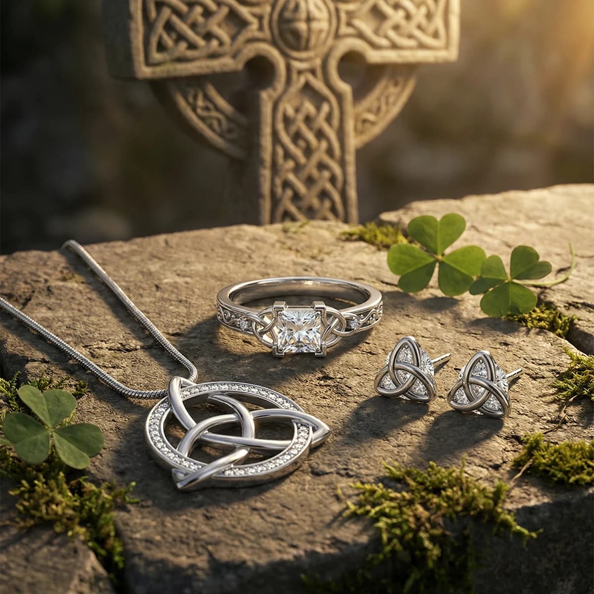 Celtic Trinity Knot Collection on ancient Celtic cross with Irish countryside